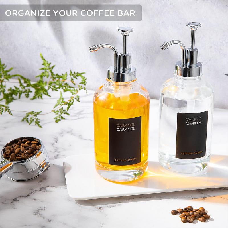 2Pcs Coffee Syrup Dispenser Set With 9 Labels 16.9 Oz 500 Ml Coffee Syrup Container Minimalist Clear Glass Syrup Bottle - ESSENTIALS365