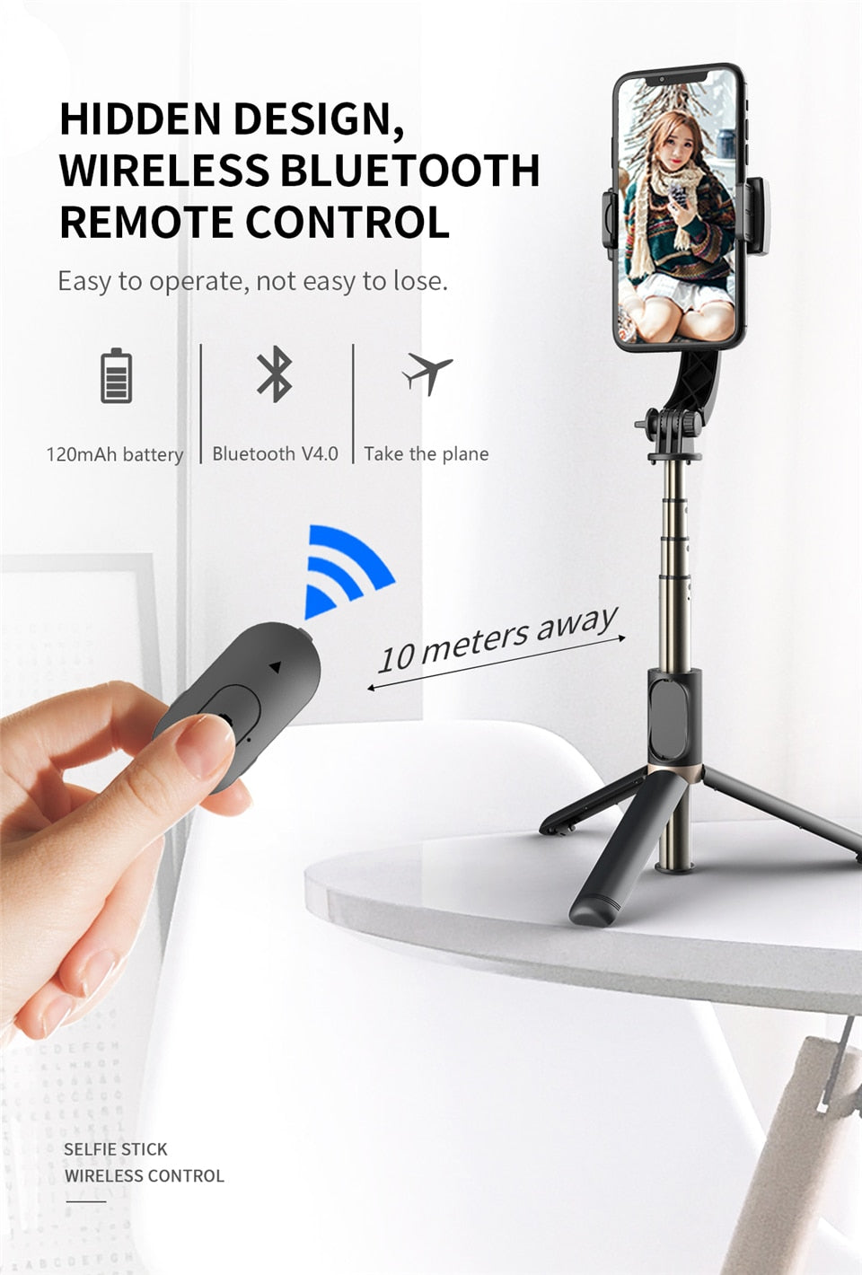 Stabilizer Selfie Stick Foldable Wireless Tripod with Bluetooth Shutter Monopod for IOS, Android