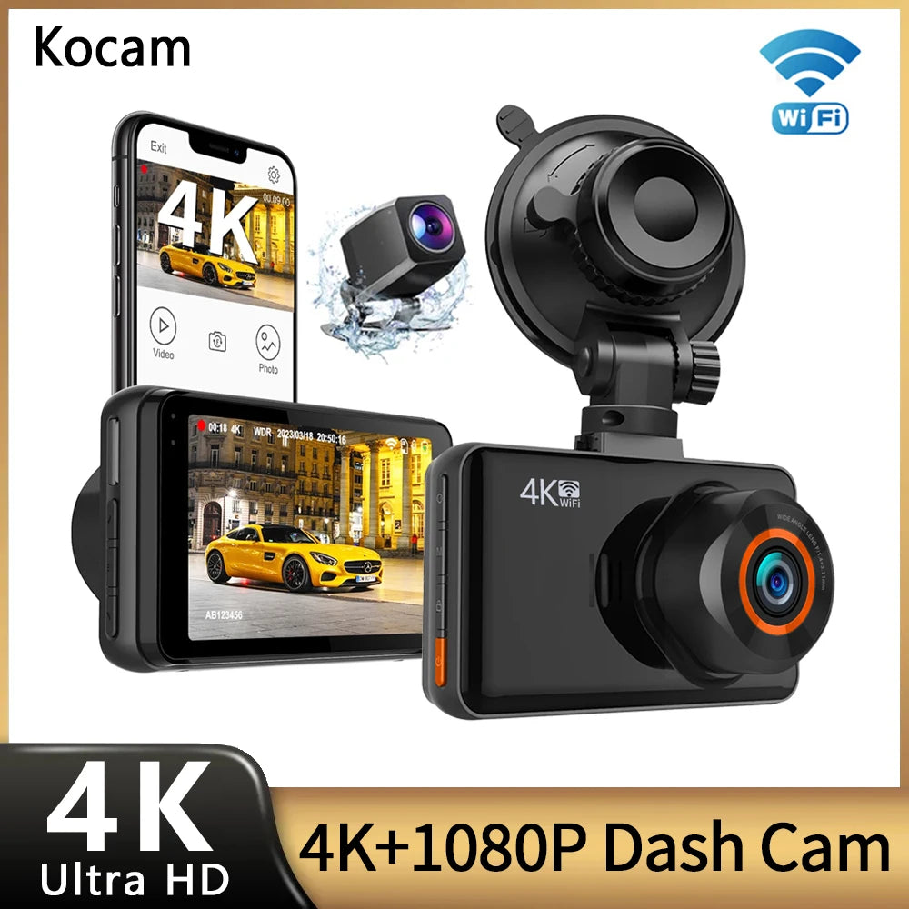 4K WiFi Dash Cam for Cars Front and Rear Dual Lens Auto Dashcam Time-lapse Video Built-in Wifi Support 24H Parking Monitor