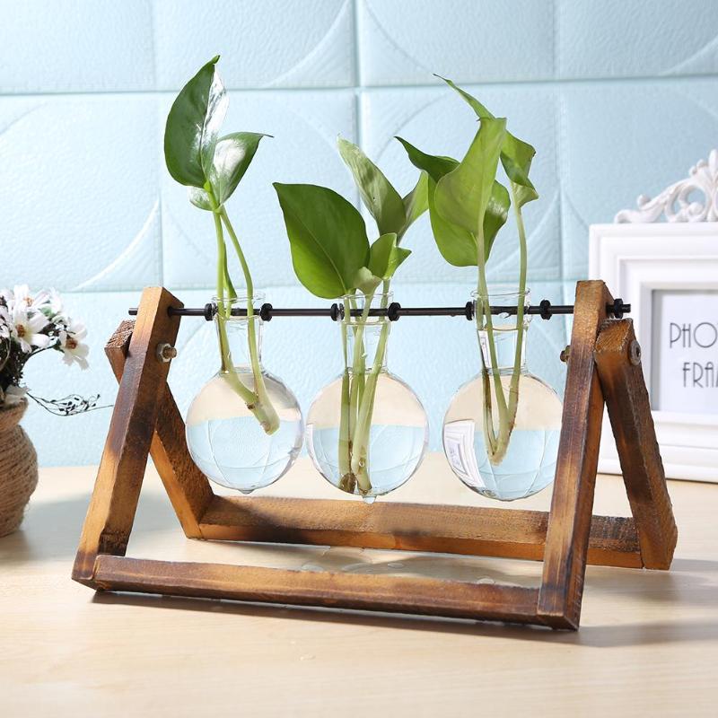 Glass and Wood Vase Planter Table Desktop - ESSENTIALS365