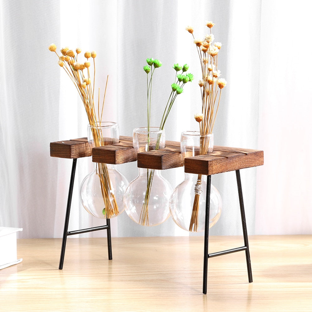 Glass and Wood Vase Planter Table Desktop - ESSENTIALS365