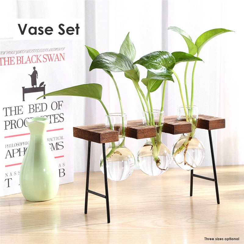 Glass and Wood Vase Planter Table Desktop - ESSENTIALS365