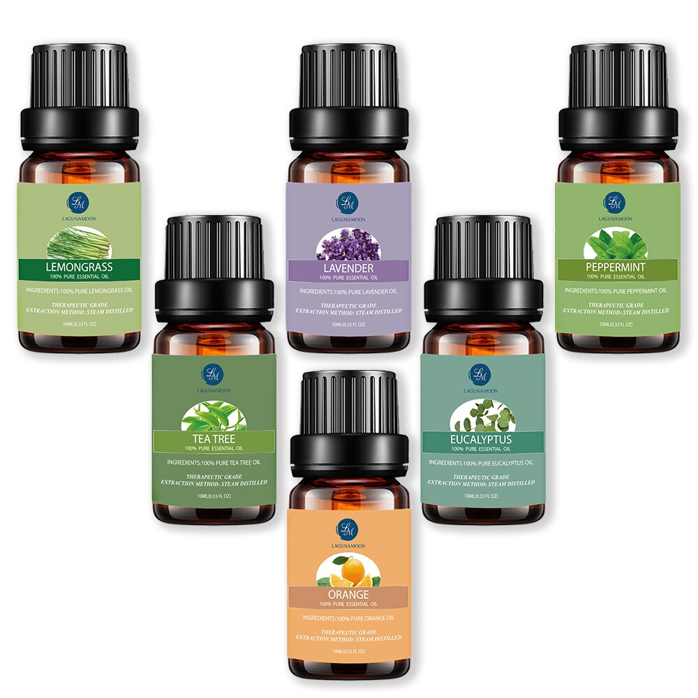 Lagunamoon Pure Essential Oils 10ML 6pcs Gift Set Humidifier Aromatherapy Eucalyptus Papermint Lemongrass Orange Tea Tree Oil - ESSENTIALS365