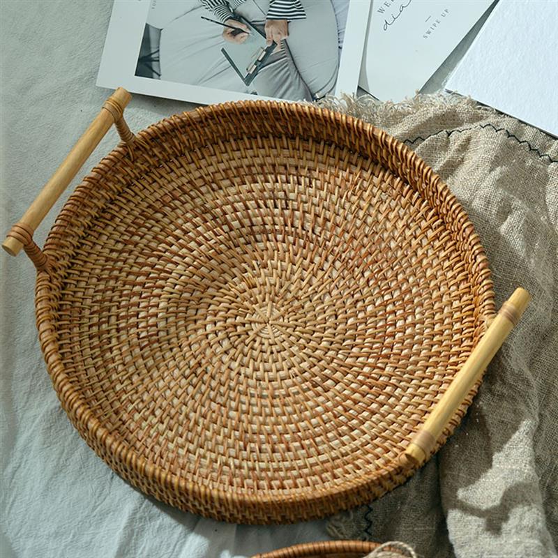 Rattan Handwoven Round High Wall Severing Tray Food Storage Platters Plate Over Handles For Breakfast Drink Snack For Coffee Tea - ESSENTIALS365