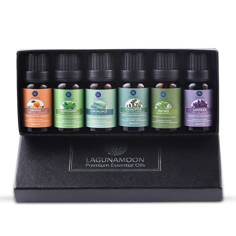 Lagunamoon Pure Essential Oils 10ML 6pcs Gift Set Humidifier Aromatherapy Eucalyptus Papermint Lemongrass Orange Tea Tree Oil - ESSENTIALS365