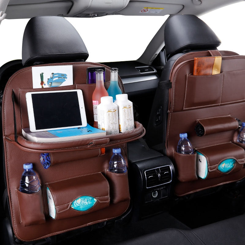 Car Seat Back Organizer Pu Leather Pad Bag Car Storage Organizer Foldable Table Tray Travel Storage Bag Auto Accessories - ESSENTIALS365