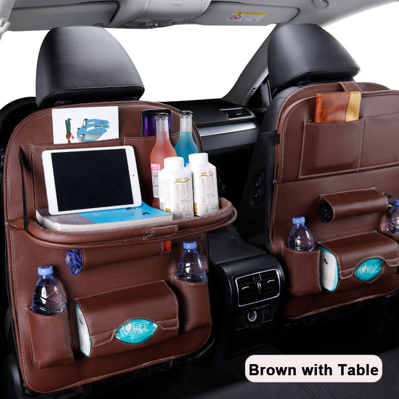 Car Seat Back Organizer Pu Leather Pad Bag Car Storage Organizer Foldable Table Tray Travel Storage Bag Auto Accessories - ESSENTIALS365