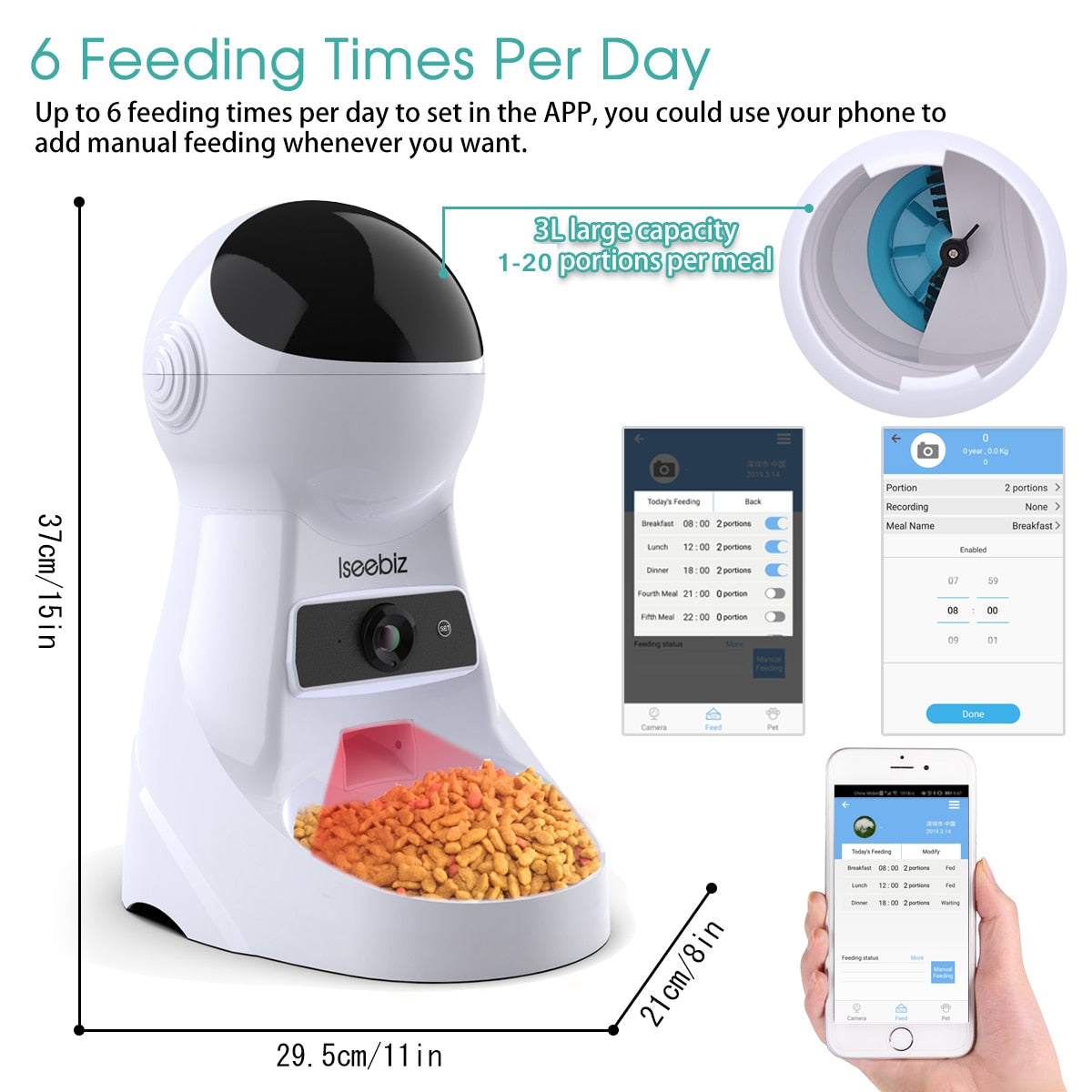 Iseebiz 3L Automatic Cat Feeder Dog Food Dispenser with Camera Support Voice Record App Control 8 Times One Day Pet Accessories - ESSENTIALS365