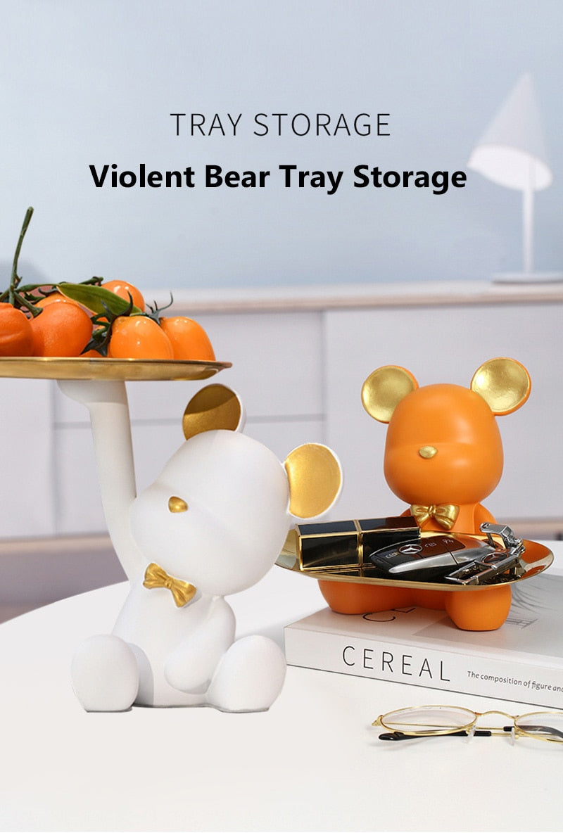 Nordic Resin Bear Tray Figurines Home Living Room Bedroom Key Storage Decor Ornament Candy Container Animal Statues - ESSENTIALS365