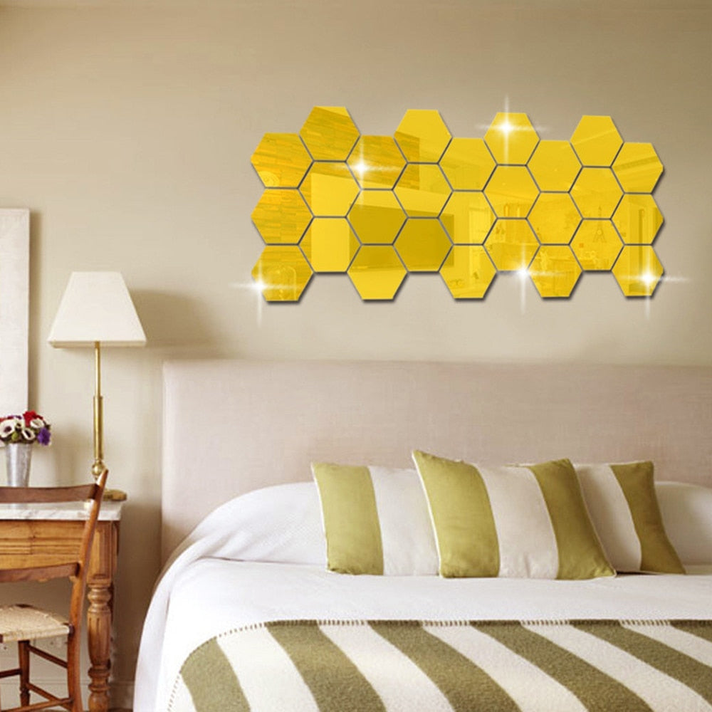 12PCS Hexagon Acrylic Mirror Wall Sticker Tiles Sheet Decorative