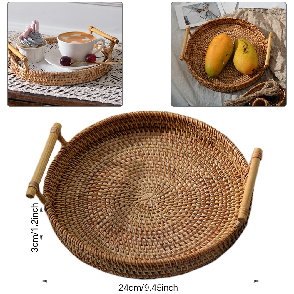 Rattan Handwoven Round High Wall Severing Tray Food Storage Platters Plate Over Handles For Breakfast Drink Snack For Coffee Tea - ESSENTIALS365